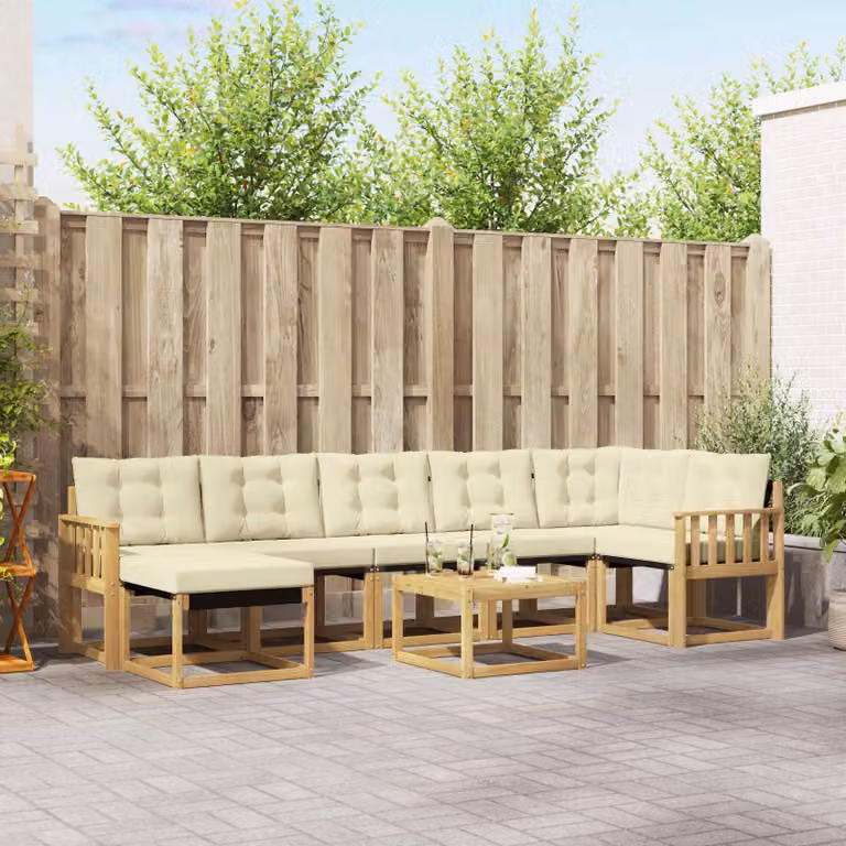Set di divani da esterno vidaXL 8 pz in legno di acacia con cuscini bianchi e beige a forma di U per giardino e terrazza