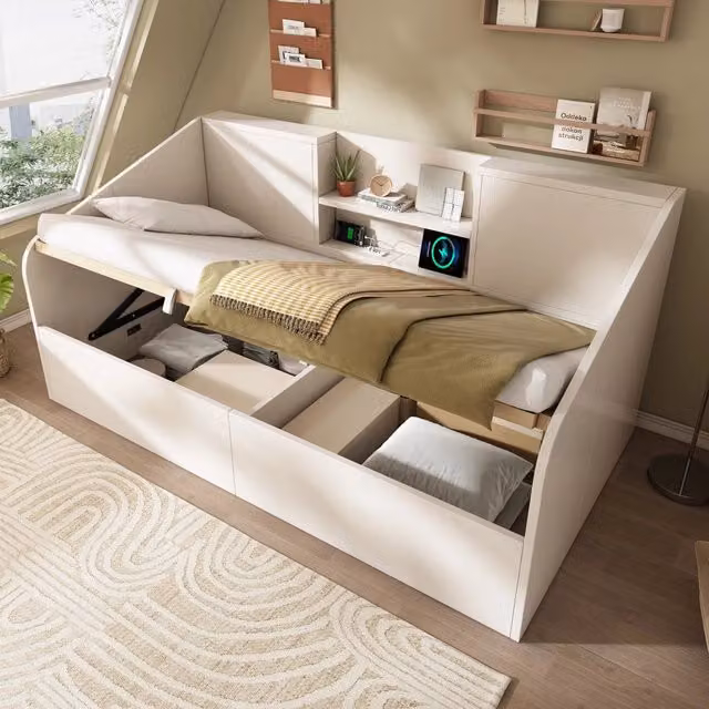 Letto divano singolo 90 × 190 cm con contenitore idraulico, ripiani, USB e Type-C, senza materasso, bianco