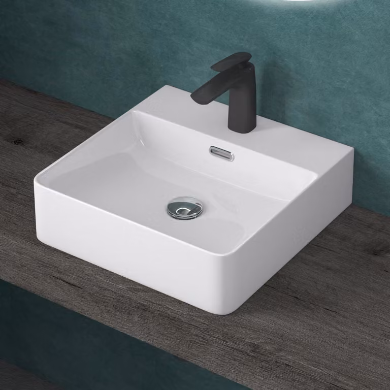 doporro Lavabo da Appoggio Lavandino Sospeso Bagno Rettangolare 42 cm in Vetroceramica Bianco Lucido con Foro per Rubinetto e Troppopieno - Meissen201