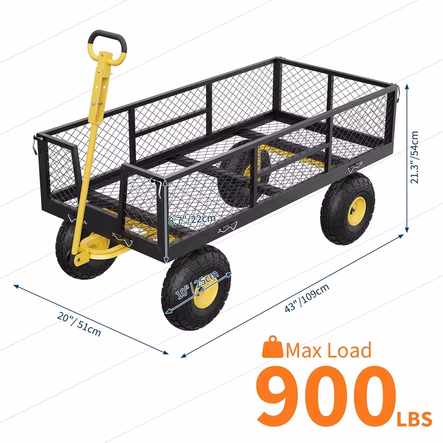 Carrello da giardino - Carrello portante - Capacità di carico: 410 kg - Pareti laterali removibili - Maniglie in metallo - Struttura in metallo - Ruote da 25 cm - Colore: nero