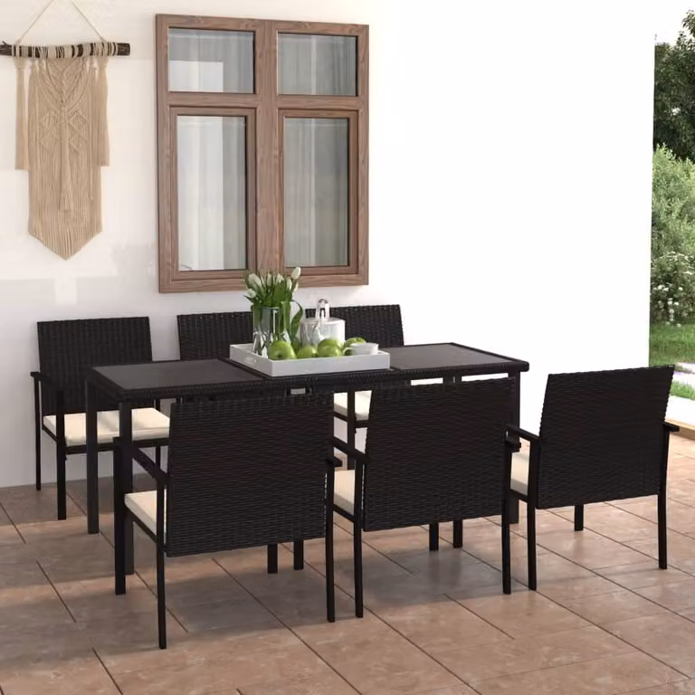 The Living Store Set da pranzo da giardino 7 pezzi in poly rattan nero