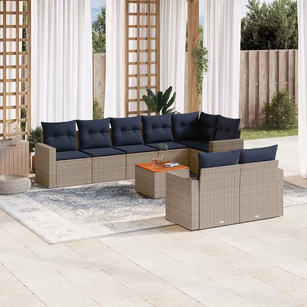 Set di divani da giardino vidaXL in polyrattan grigio con cuscini, tavolino e sedute a forma di L per esterno – 1