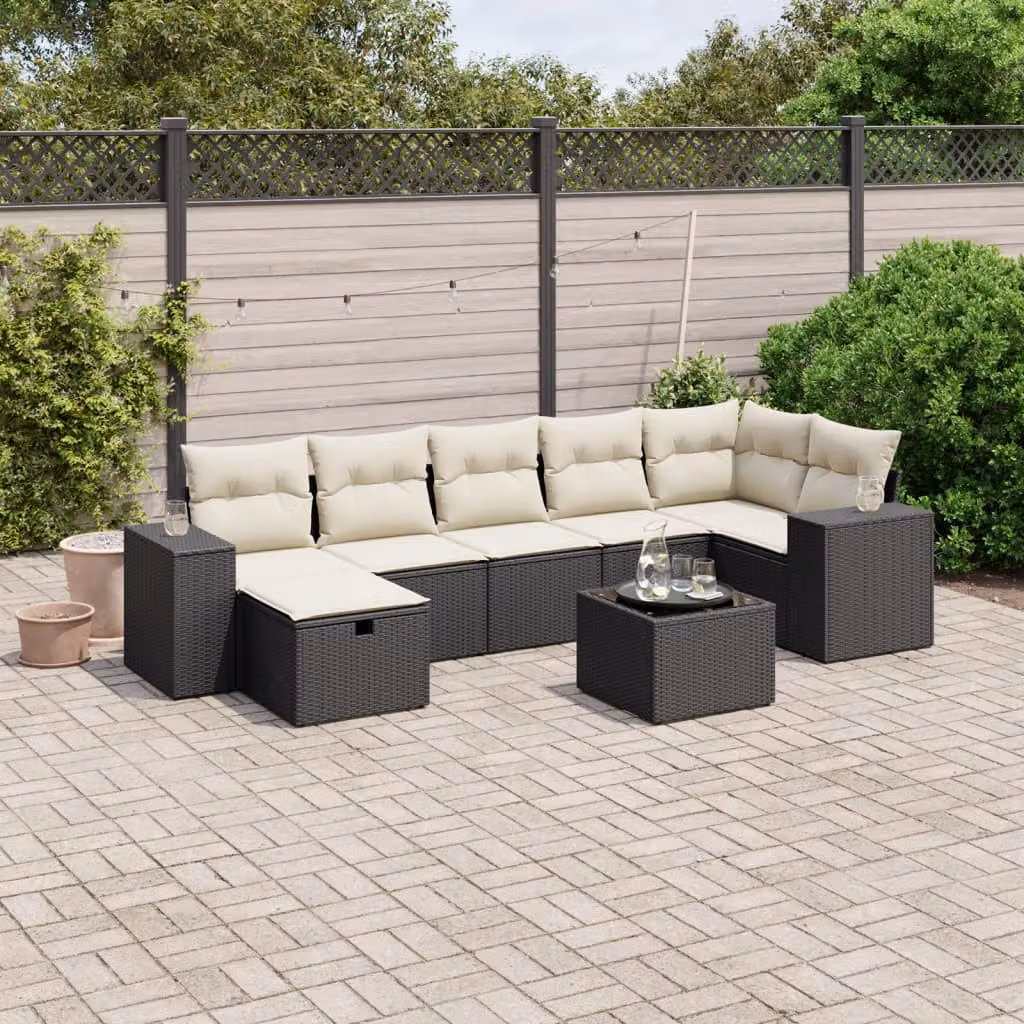 vidaXL Set Divani da Giardino a L con Cuscini 8 pz Nero in Polyrattan e Acciaio – 1
