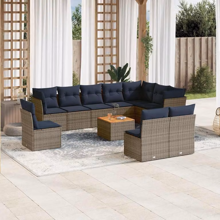 vidaXL Set Divani da Giardino 11 pz in Polyrattan con Cuscini e Tavolino da Caffè, Design Moderno a L, Grigio e Blu