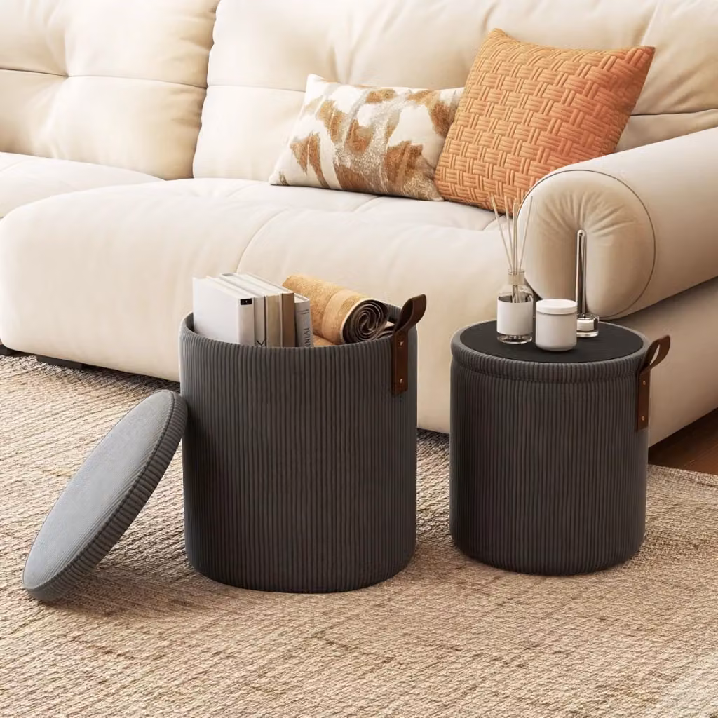 Set di 2 pouf rotondi con contenitore Design Mania in velluto a coste grigio, sgabelli impilabili con coperchio removibile – 2
