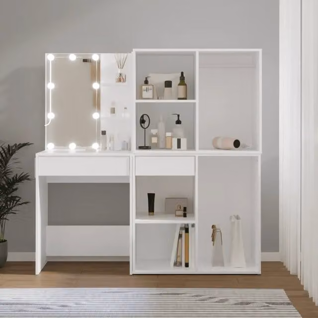 Toeletta Hollywood LED con 2 Armadietti in Legno Multistrato Bianco vidaXL L: 140 cm, P: 40 cm, H: 60 cm – 1