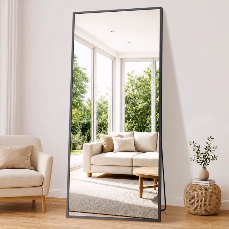 Specchio a parete, dimensioni 192x85 cm, vetro temperato, colore nero, design moderno