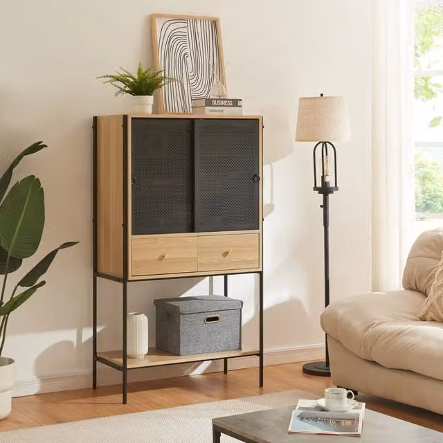 Credenza Tysnes con Scomparti Chiusi e Cassetti 140 x 80 x 40 cm - Effetto Rovere / Nero [en.casa]