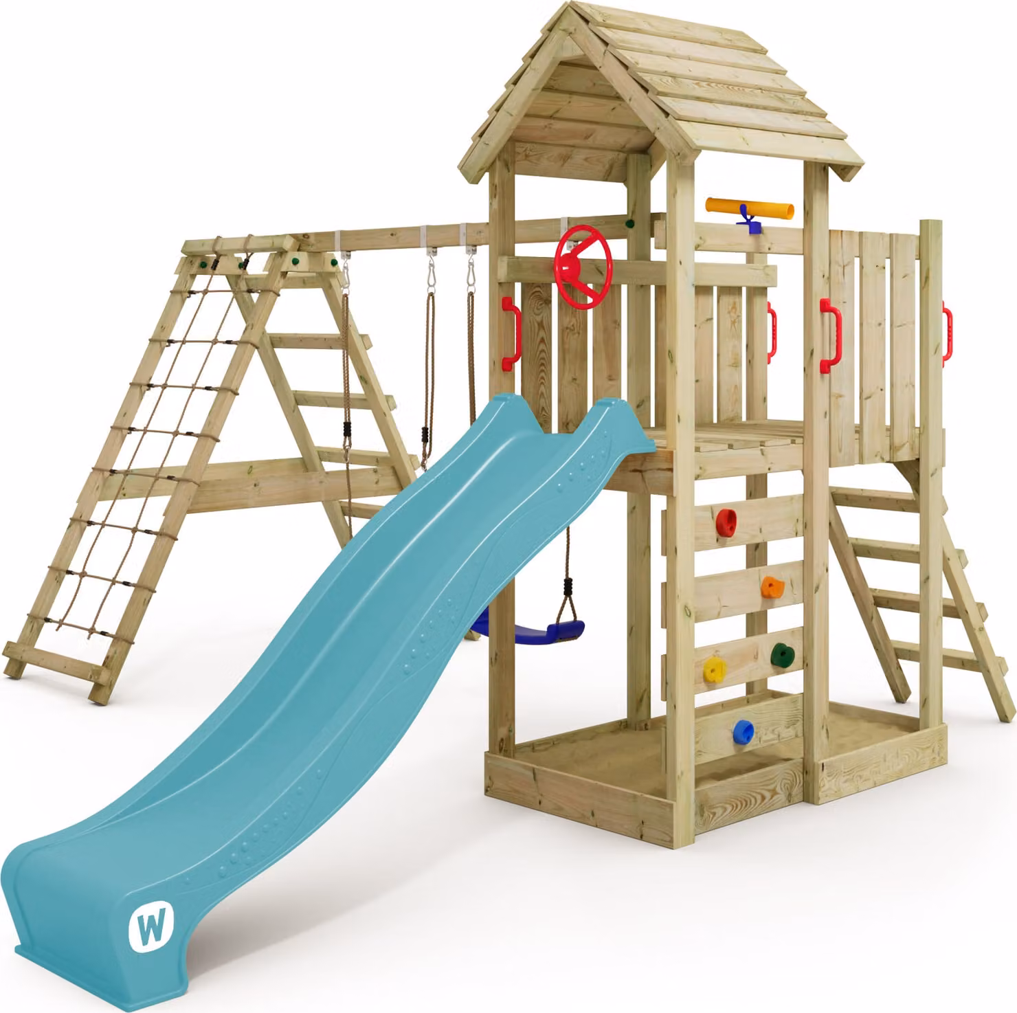 Torre giochi Wickey RocketFlyer con altalena e struttura per arrampicata in blu turchese