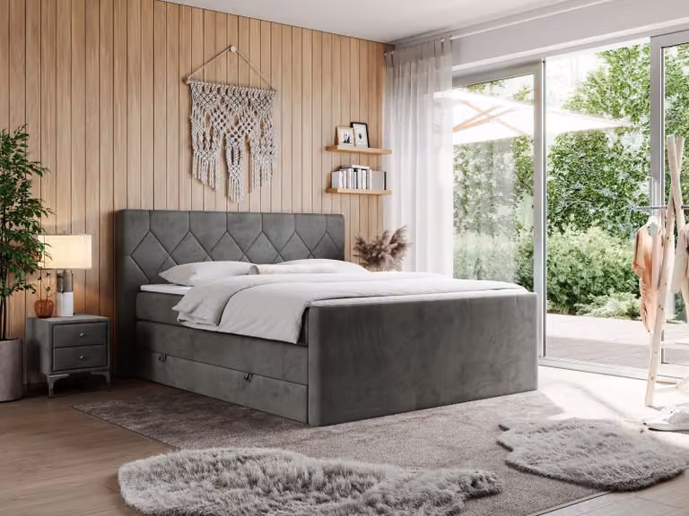 Letto boxspring con materasso matrimoniale, due cassetti portaoggetti, topper, per camera da letto - KING EIGAR - 180x200 cm - Grigio scuro - H4