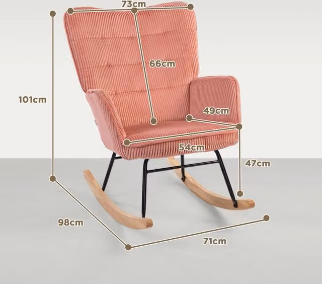 Sedia a dondolo ULEVR rosa in poliestere effetto velluto a coste con braccioli e base in legno di faggio