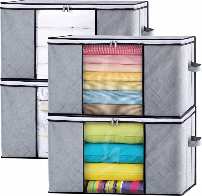 Set di 4 scatole pieghevoli - maniglia e cerniera rinforzate - per riporre piumoni e cuscini - 60 x 40 x 35 cm