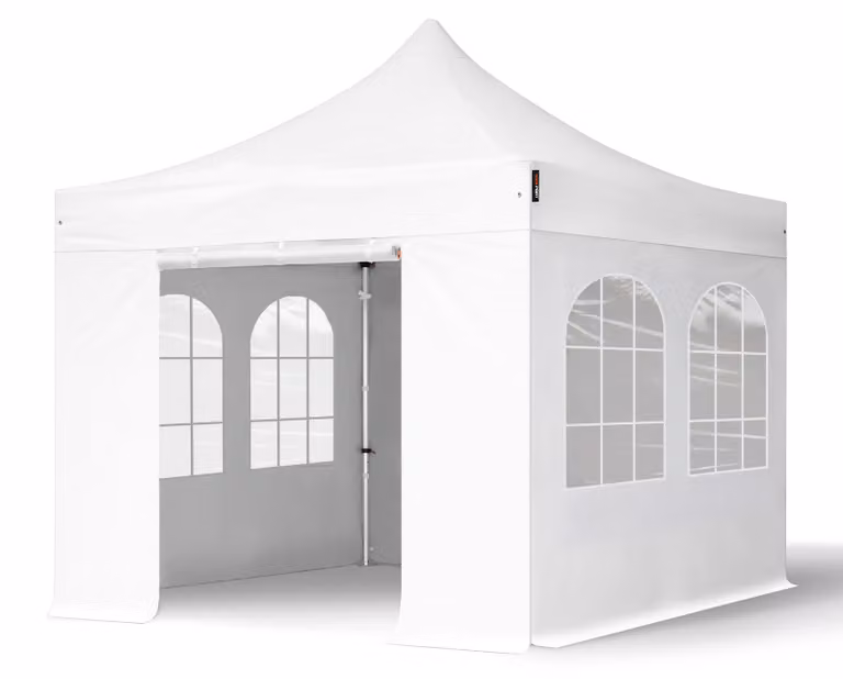 TOOLPORT 3x3m gazebo pieghevole PES con laterali (finestre), PROFESSIONAL alluminio, bianco