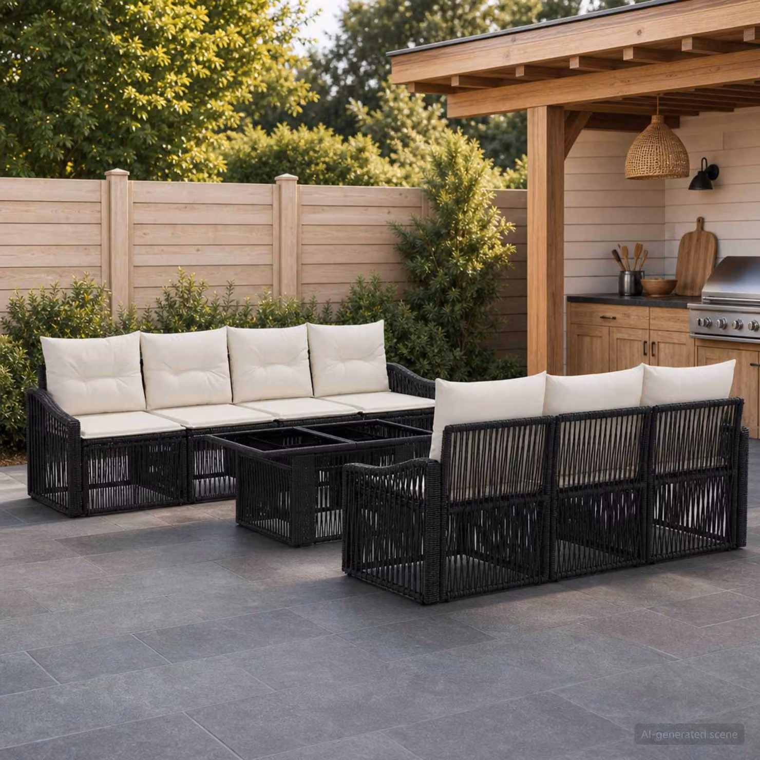 Set Divano da Giardino vidaXL 8 pz in Polyrattan Nero e Bianco Crema con Cuscini Imbottiti