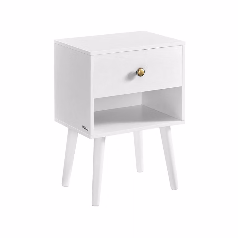 Comodino con Cassetto e Scomparto Aperto Portaoggetti Gambe in Legno, Bianco Neve / Set di 1