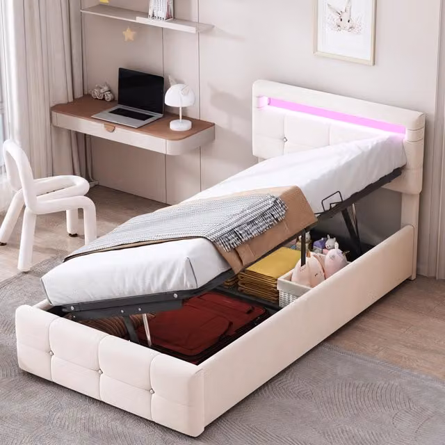 Letto contenitore singolo OKWISH in velluto beige con illuminazione LED sottostante e testiera regolabile, L/P/H: 90 x 200 x 52 cm