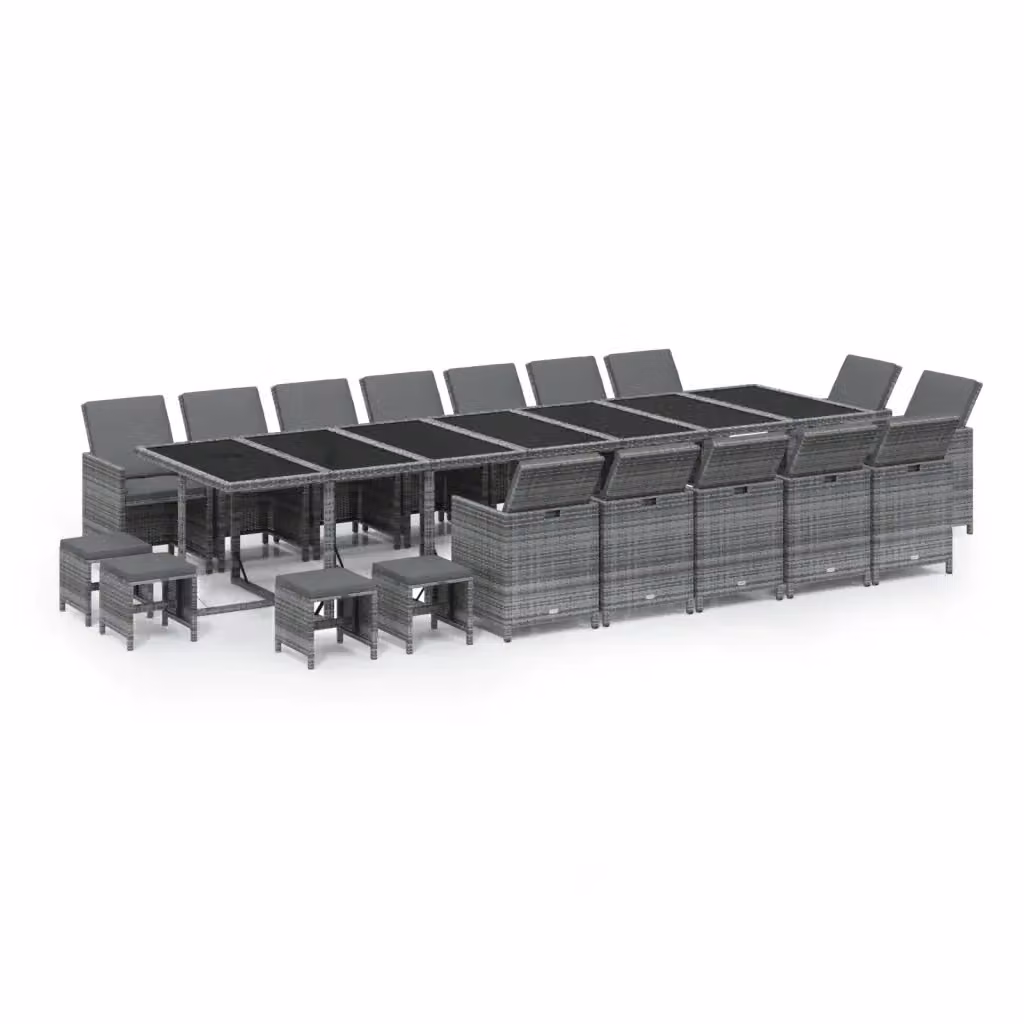 Set da pranzo da giardino vidaXL in polyrattan con cuscini e tavolo in vetro, 19 pezzi, grigio e nero – 2