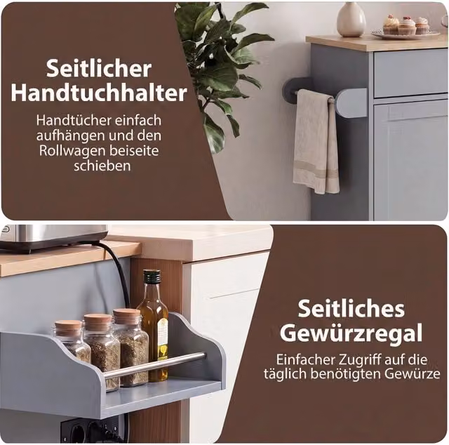 Carrello cucina grigio con ruote, portasciugamani, portaspezie, cassetto e presa, resistente e facile da montare per casa