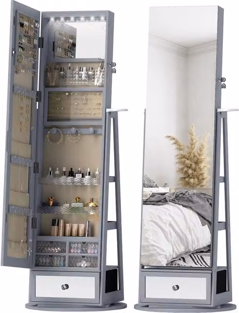 Armadio Gioielli con Specchio e Luci LED ¨C Minimal ¨C Grigio Chiaro 60x40x180