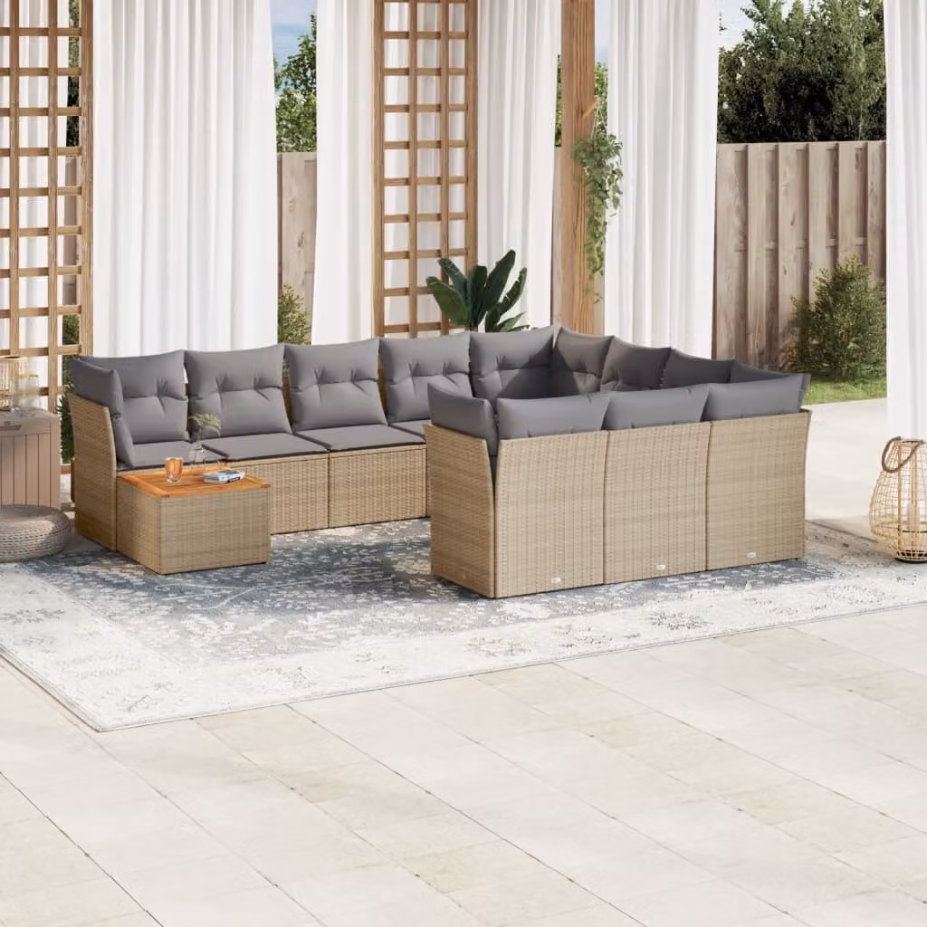vidaXL Set Divani da Giardino 11 pz a Forma a L con Cuscini Beige e Tavolino da Esterno in Polyrattan e Acciaio
