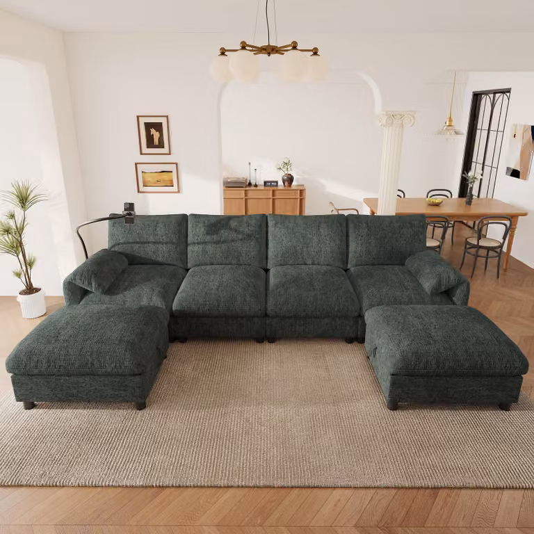 Divano ad angolo modulare Merax a forma di U, divano a 6 posti con 2 pouf, vano portaoggetti, porta USB Type-C, supporto per cellulare, divano in ciniglia, verde
