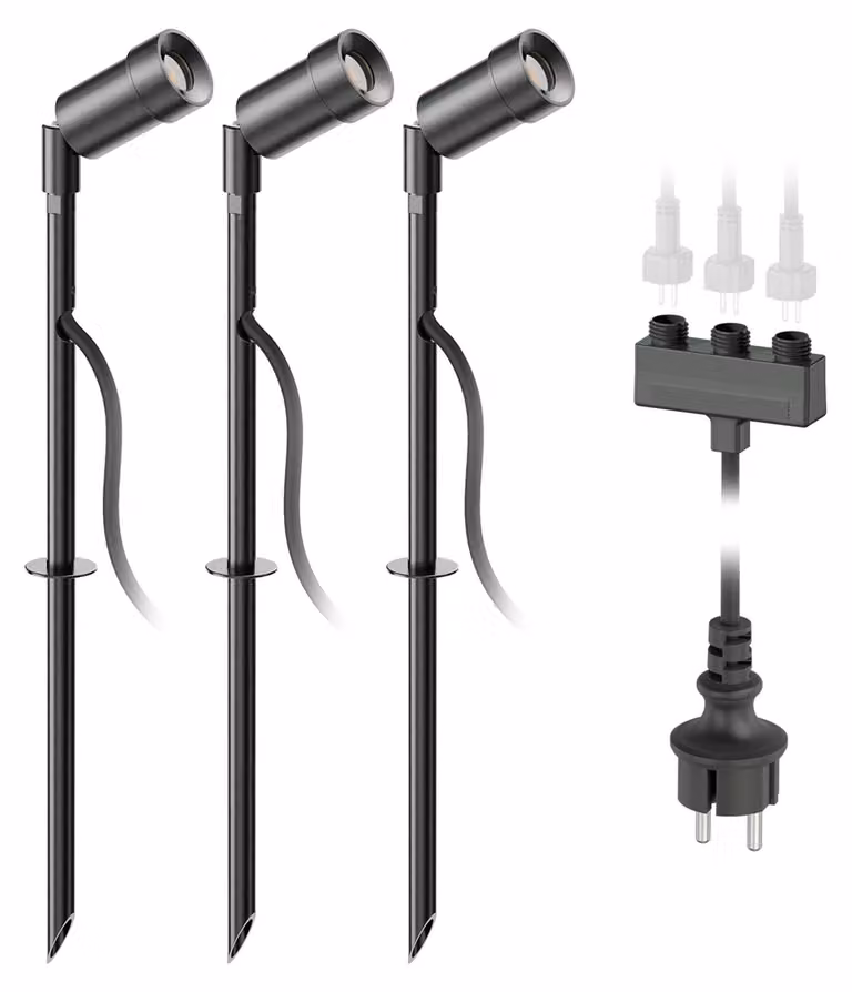 ledscom.de: Faretto da giardino a LED Spico, nero, con picchetto da terra per uso esterno, grado di protezione IP44, 105 lm, luce bianco caldo, set da 3 pezzi – Modello: Spico / Colore: Nero / Temperatura di colore: Bianco caldo