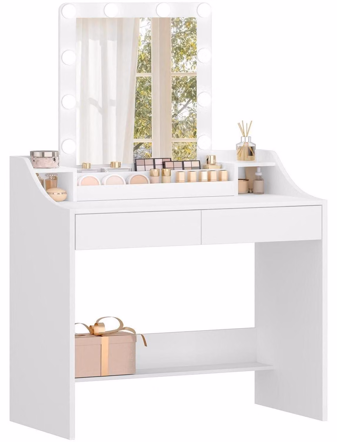 Comò da trucco con illuminazione a LED, specchio, 2 cassetti, 3 scomparti, bianco, 40 x 80 x 140 cm