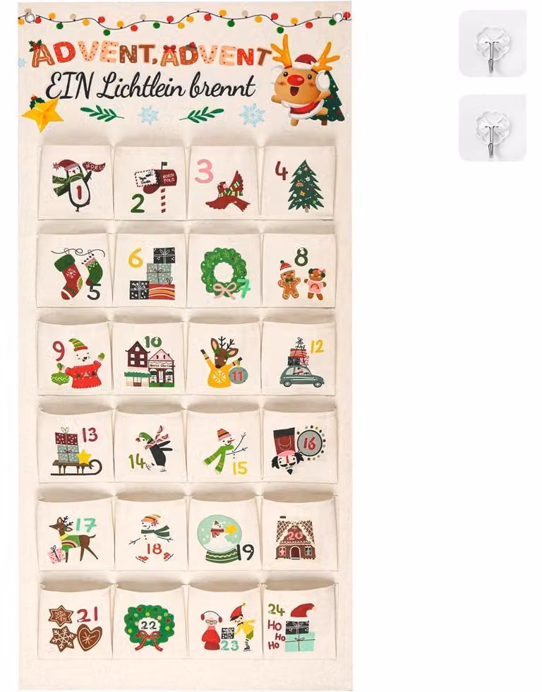 Calendario dell'Avvento con 24 sacchetti in tessuto, decorazione a forma di ghirlanda da appendere, sacchetti per il periodo dell'Avvento