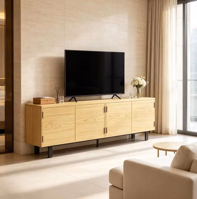 Mobile TV 180x35x55,5 cm in truciolato e metallo naturale, per soggiorno, stabile –