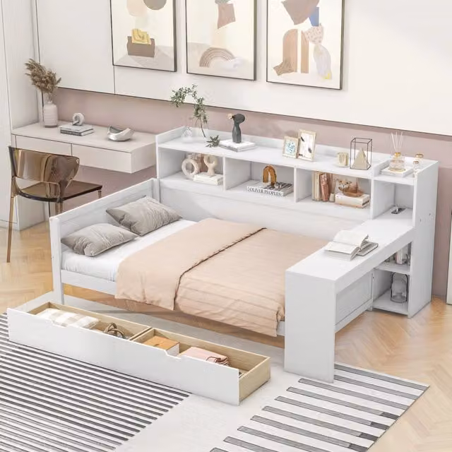 Letto singolo 90 × 200 cm con scrivania, 2 cassetti, presa e USB, senza materasso, in truciolare e MDF bianco