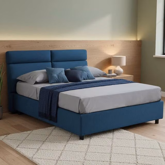 Letto Matrimoniale Moderno DMORA con Contenitore a Sollevamento, Rivestimento in Tessuto Blu e Nero, L 160 cm x P 200 cm