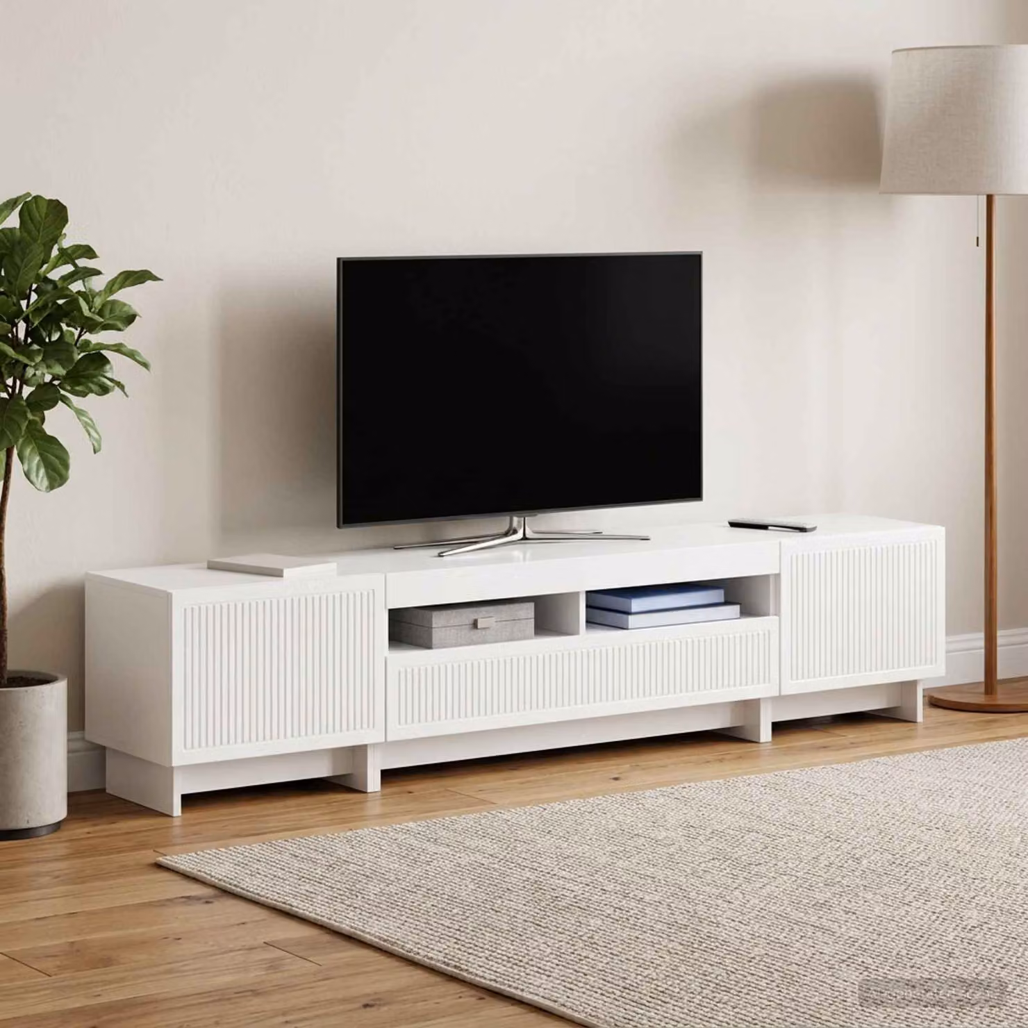 Mobile TV stand vidaXL moderno in legno MDF bianco lucido con illuminazione LED integrata e scomparti multimediali