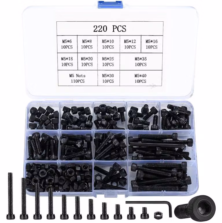 Set di viti M5 a testa esagonale con dadi e rondelle, 220 pezzi, colore nero, inclusi 2 chiavi inglesi