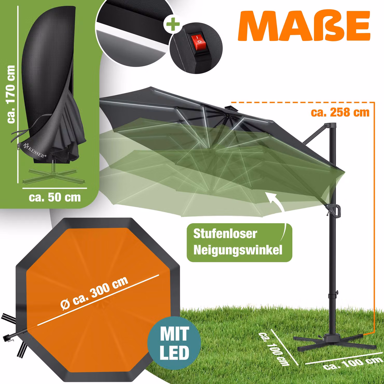KESSER® Parasole per pergolati, modello SUN, diametro 330 cm, regolabile in 7 posizioni, rotazione a 360°, include copertura