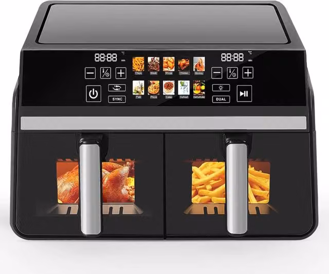 Friggitrice ad aria ZMH Dual Zone da 10L con Touch Screen e Finestra di Visualizzazione, 2200W, Nero