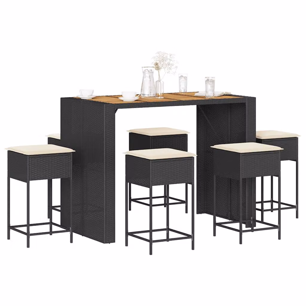 Set Bar da Giardino vidaXL in Polyrattan e Legno di Acacia con Cuscini, 7 Pezzi, Nero e Bianco