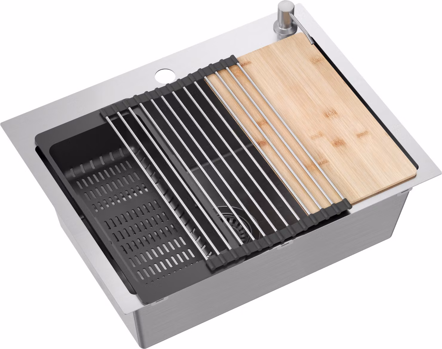VBChome Lavello in acciaio inox 58 x 45 cm Acciaio inox spazzolato Set di accessori Dispenser Tagliere Tappetino arrotolabile Scolapiatti pieghevole Sifone a due fori