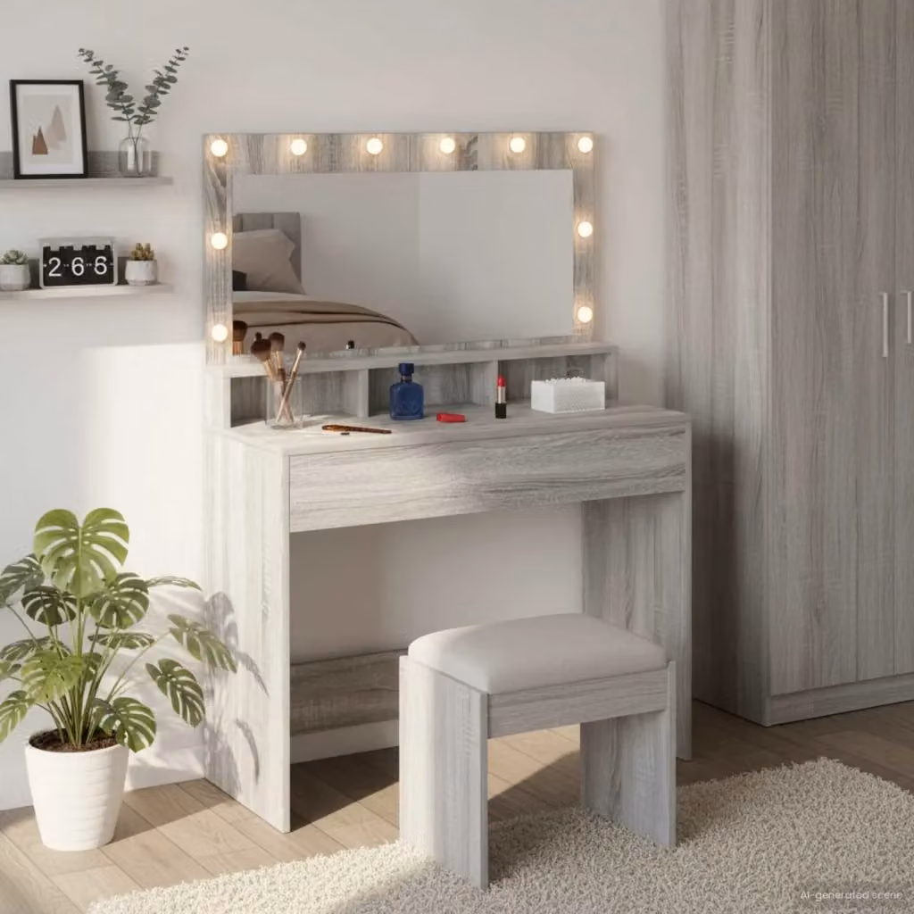Toeletta moderna con specchio Hollywood LED in Grigio, L: 100 cm, P: 41 cm, H: 135 cm – 2