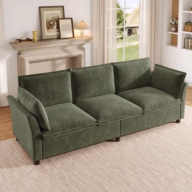 Divano 3 posti ¨C Minimal ¨C verde tessuto chenille morbido gambe metallo con cuscini braccioli