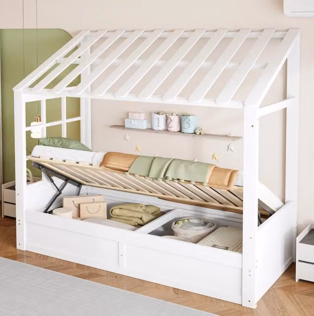 Letto per bambini 90x200 cm bianco con contenitore idraulico, senza materasso