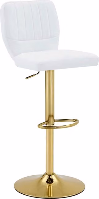 Sgabello da Bar Regolabile in Altezza 62-83cm con Schienale e Poggiapiedi, Girevole a 360°, Seduta in Ecopelle Bianco e Struttura Metallica Oro