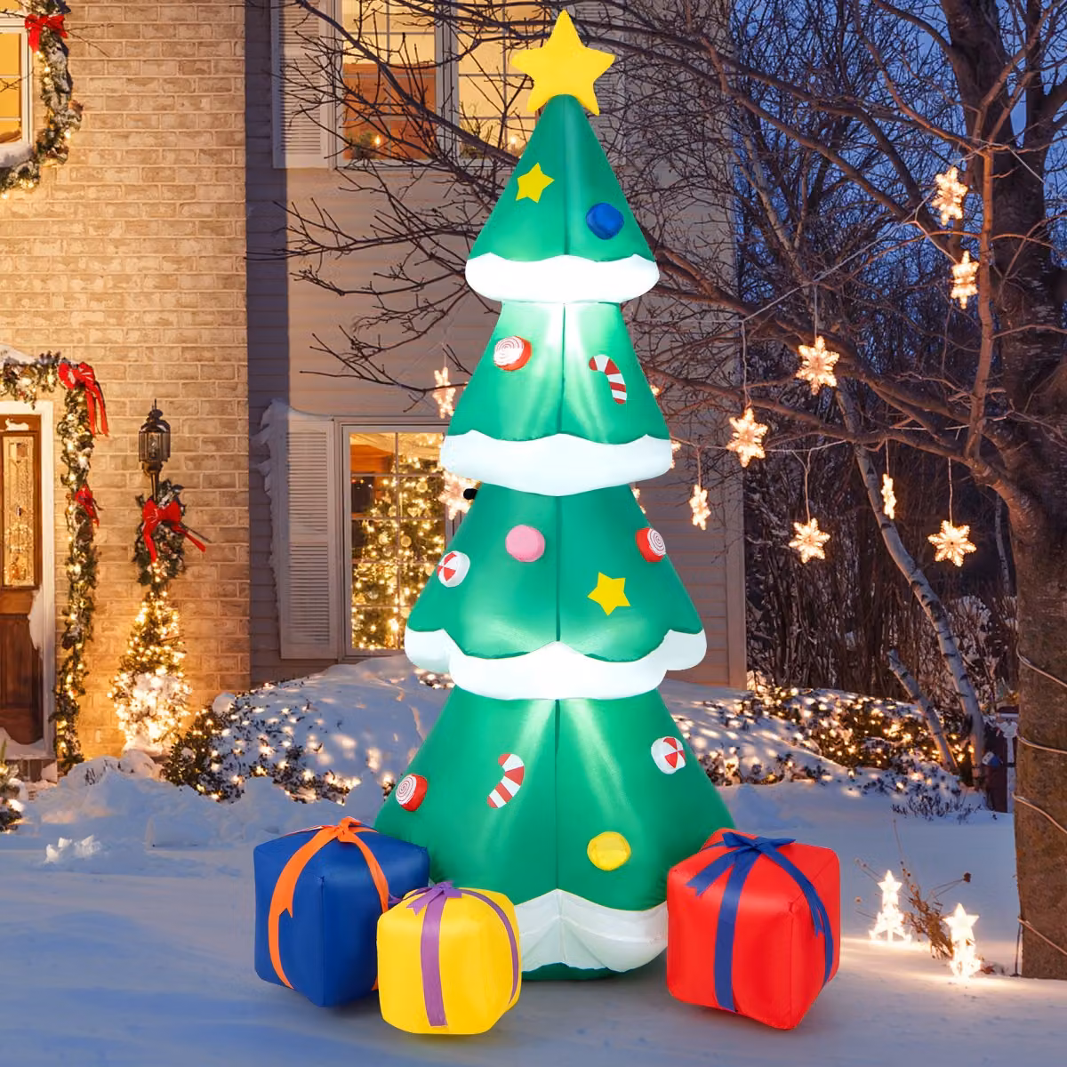 Albero di Natale gonfiabile Costway verde con 3 scatole regalo e luci LED, Altezza: 180 cm