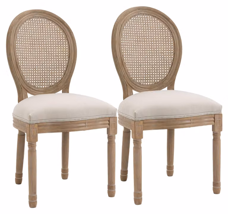 Sedie da pranzo – Set di 2 sedie con braccioli, schienale in rattan e gambe in legno massello