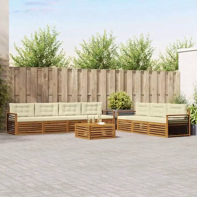 Set di divani da esterno vidaXL a forma di U composto da 8 pezzi con tavolino da caffè, in legno di acacia e tessuto beige e bianco – 1