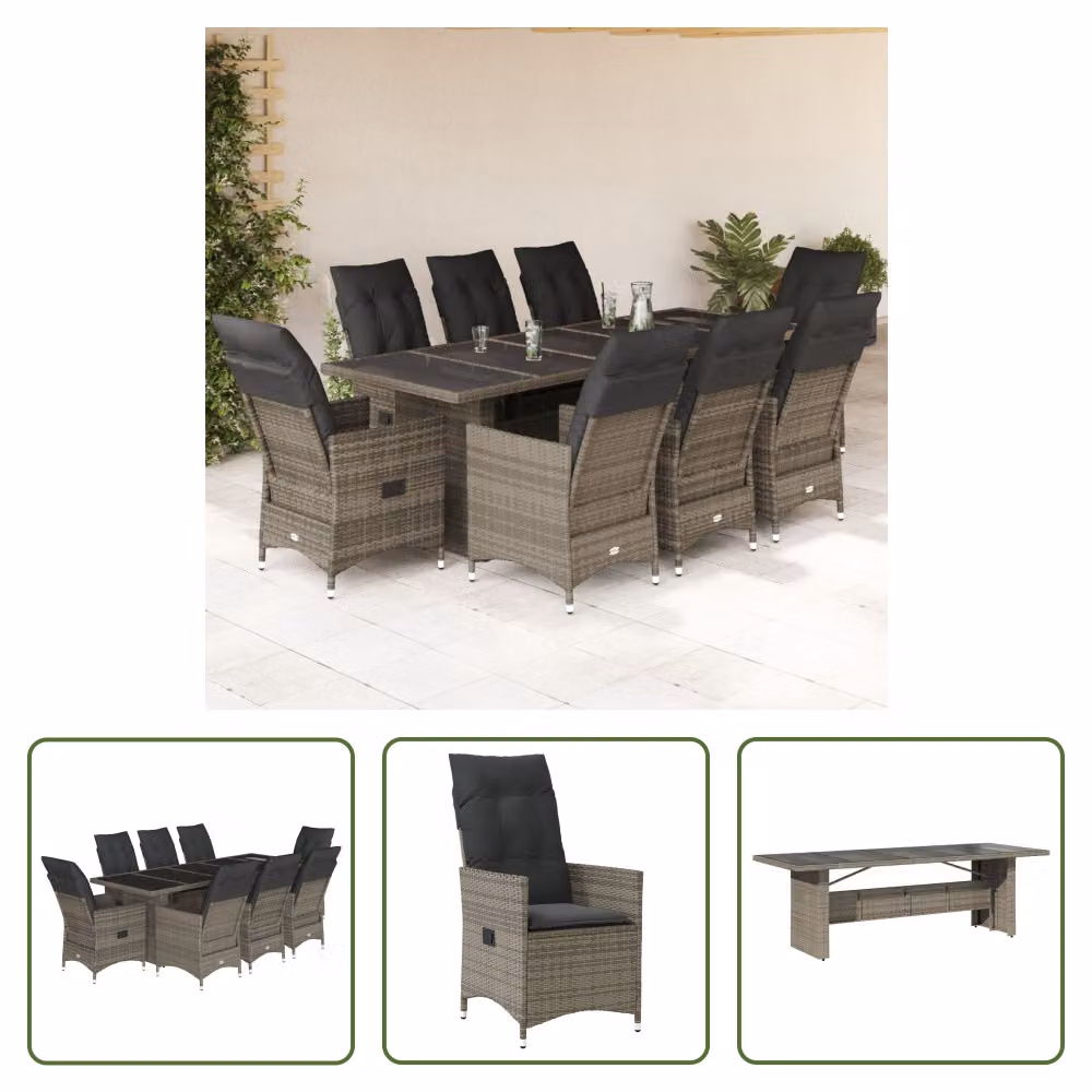 The Living Store Set bistrot da giardino 9 pezzi con cuscini in poly rattan grigio