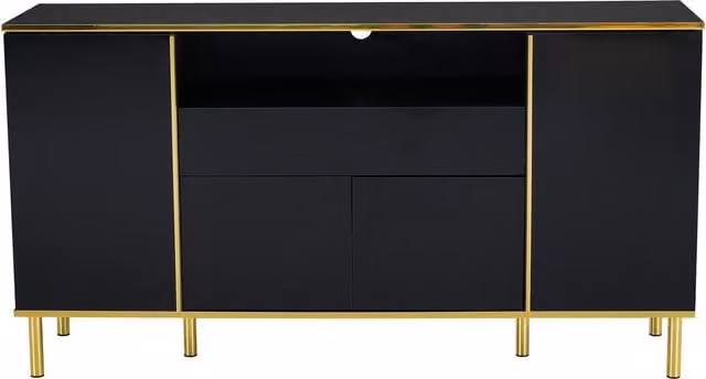 Credenza moderna GL Store con illuminazione LED integrata, finitura lucida, colore nero e oro, L 150 cm x P 40 cm x H 80 cm