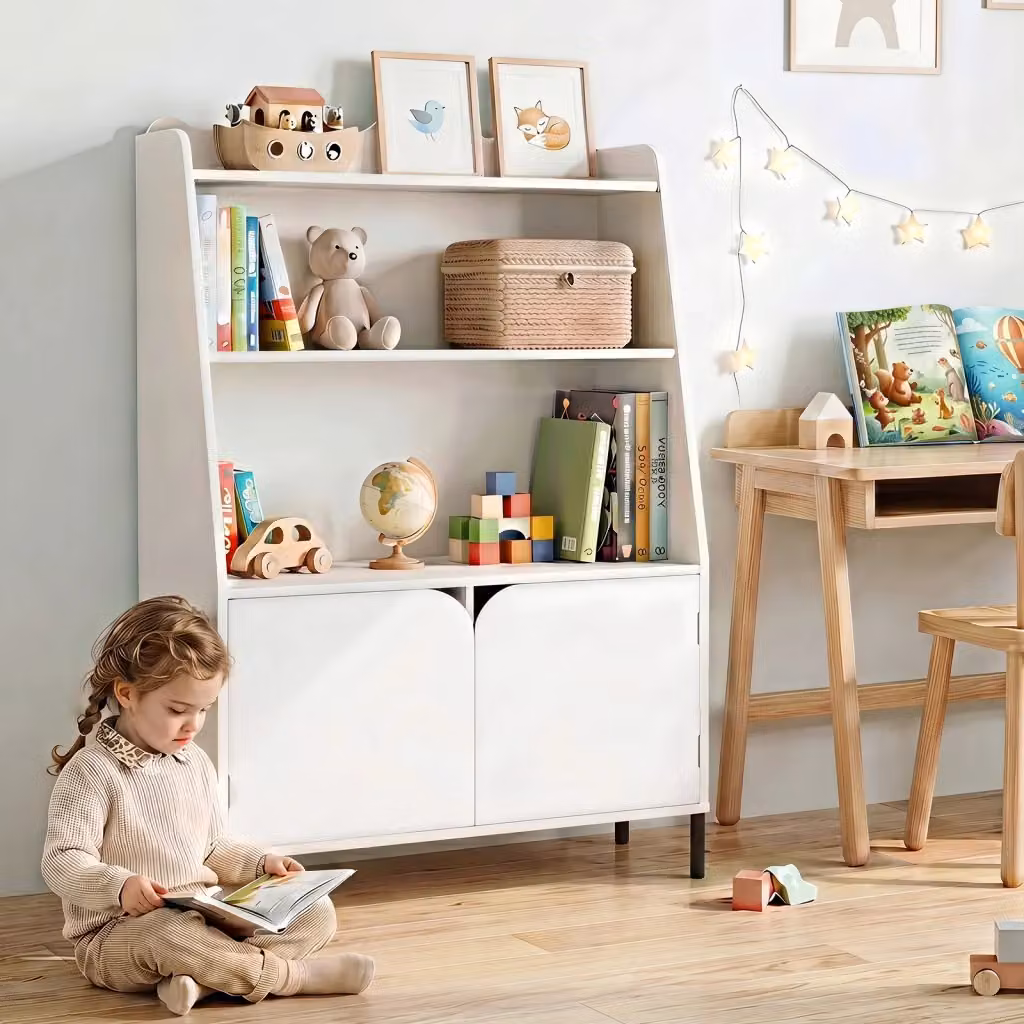 Libreria Montessori per bambini in legno con 3 ripiani aperti e 2 vani con ante, contenitore per libri e giocattoli per cameretta o asilo, colore bianco, L: 121 cm, H: 80 cm, P: 30 cm – 2