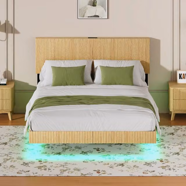 Letto matrimoniale 140x200 cm naturale con LED e presa, MDF e metallo, senza materasso