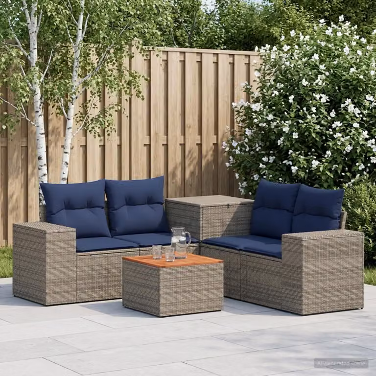 Set di divani da giardino vidaXL in rattan e acciaio, 6 pezzi, Grigio e Blu Navy