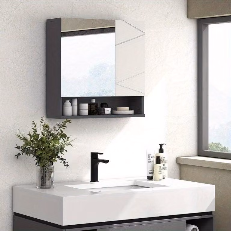 Mobiletti da bagno con specchio – Mobile a parete con ripiano e specchio antiappannamento – Grigio – 55x17x55 cm